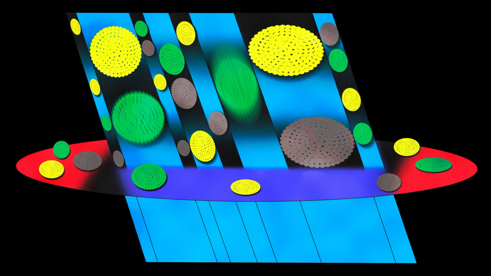 Large yellow and green particles pass through a red elliptical sieve intersecting blue lanes, illustrating filtration across multiple layers.