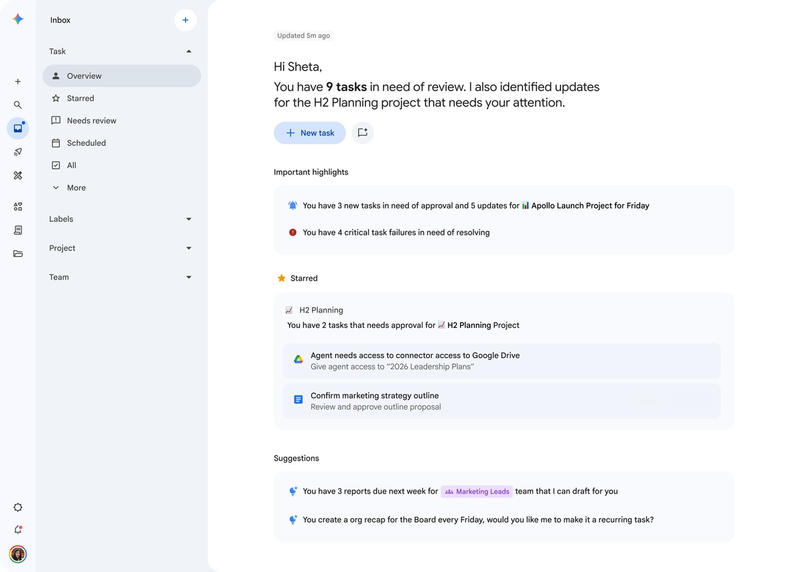 A screenshot shows a dashboard with important highlights, starred files, and suggestions