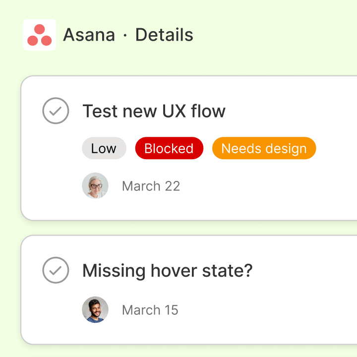 asana integration modal with tasks and statuses and dates