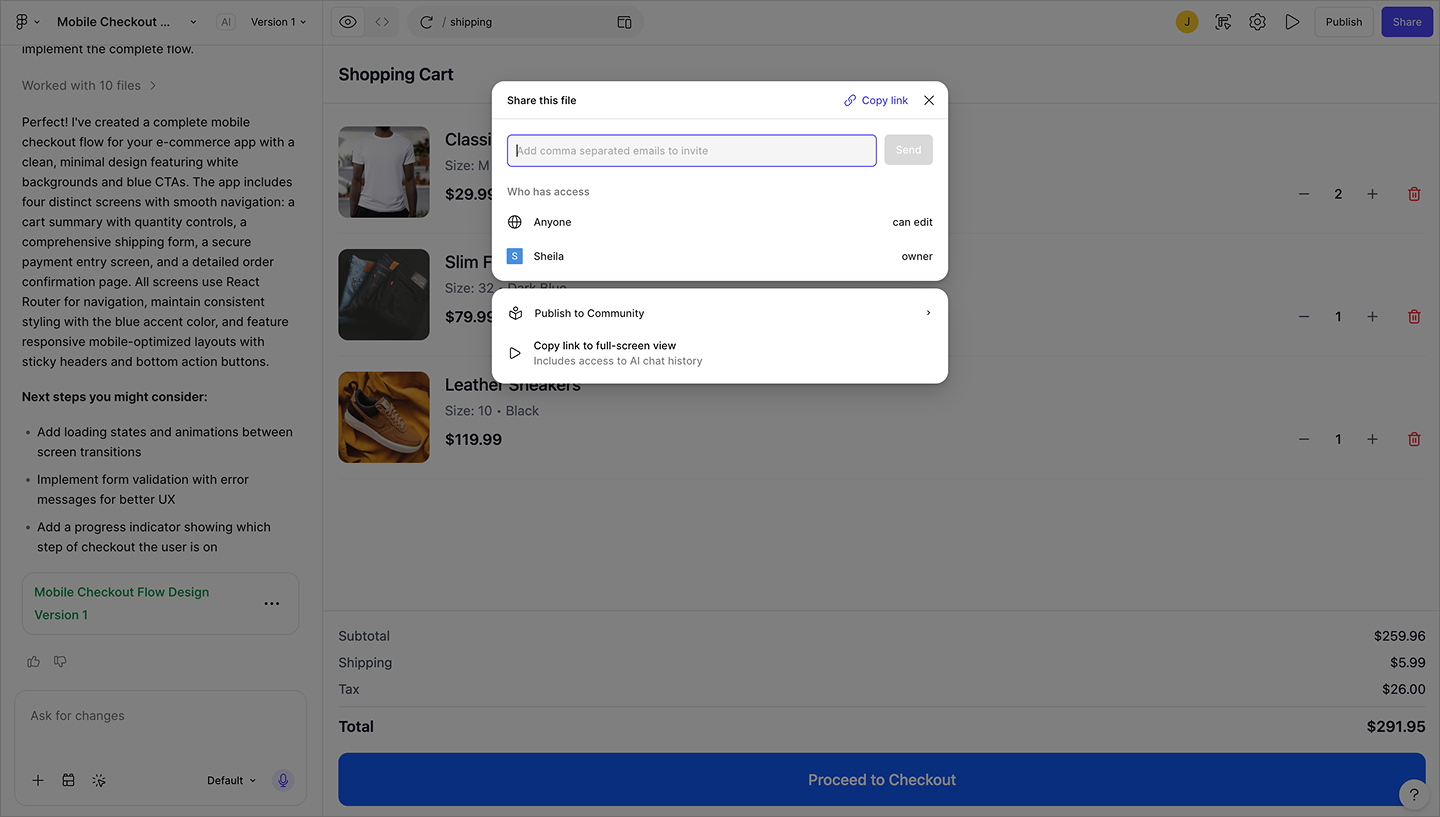 Figma Make sharing modal open over a mobile checkout flow prototype, showing options to invite collaborators and copy a share link.