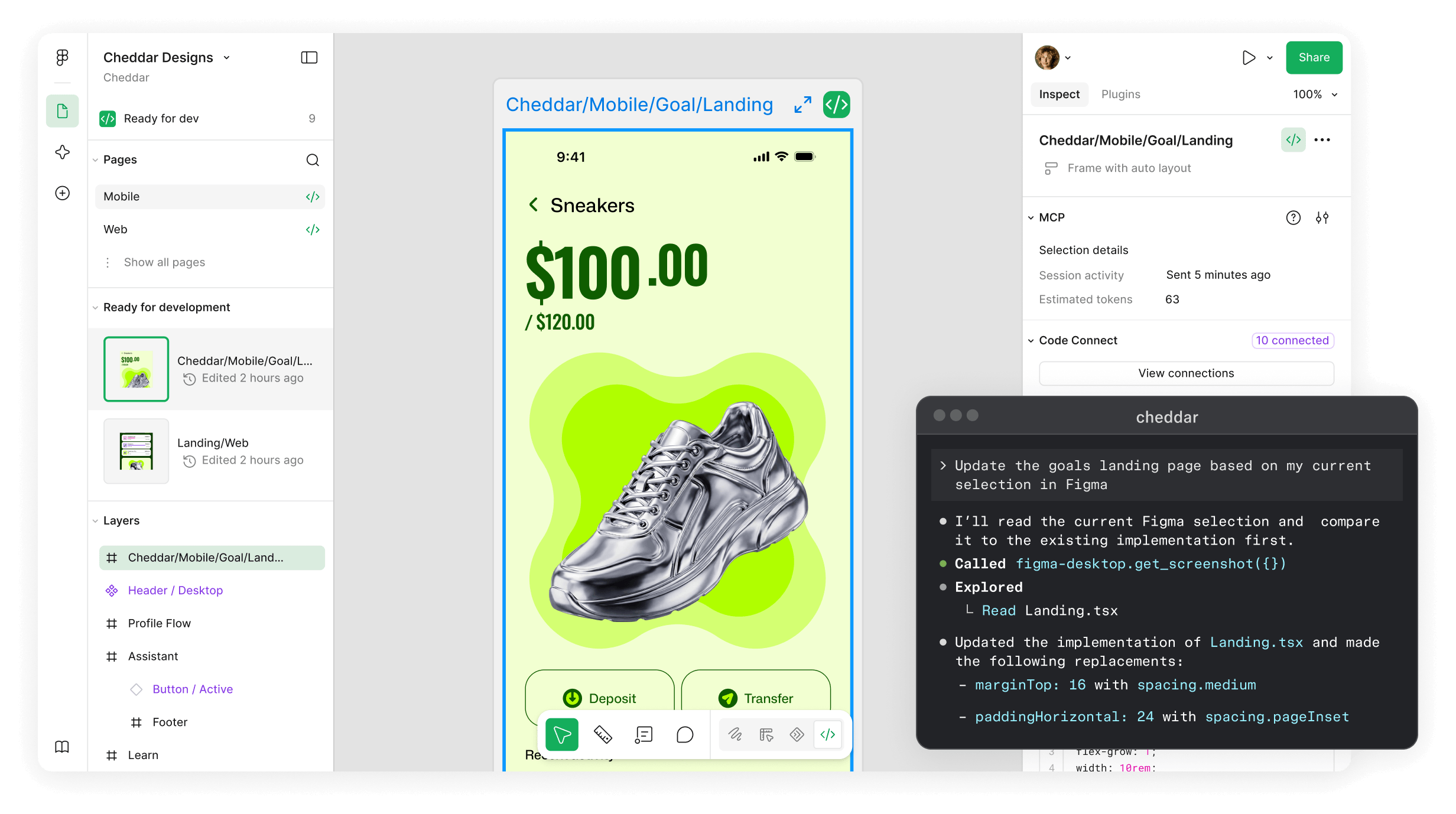 A mobile image of a silver sneaker is in the middle of the Figma canvas. A popup next to it signals that the image is being used to give context to a landing page via Figma's MCP server. The server creates a connection between Figma and a codebase, so Figma files are automatically turned into code components. 