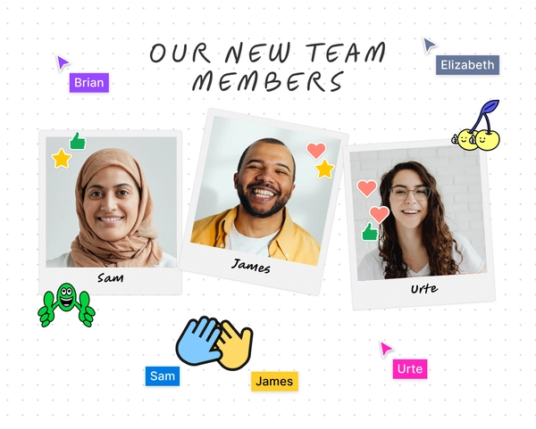 Imágenes tipo polaroid de los nuevos miembros del equipo con reacciones