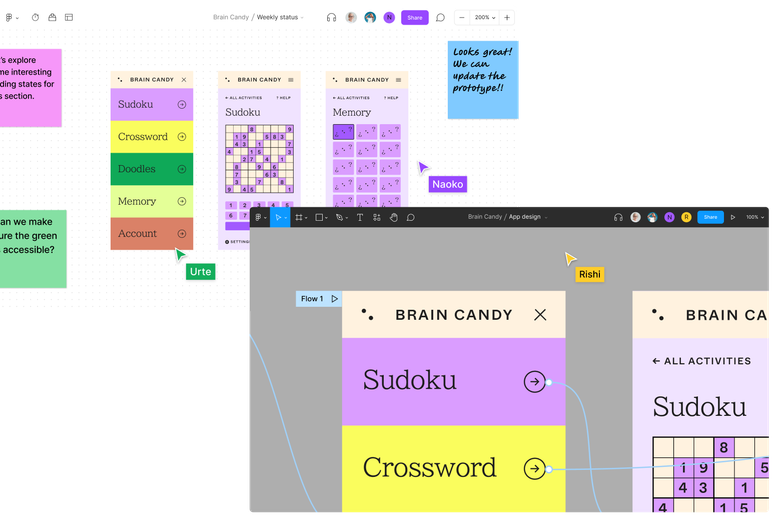 Un fichier FigJam et un fichier Figma côte à côte, montrant l'avancement d'une application mobile, de la réflexion au design