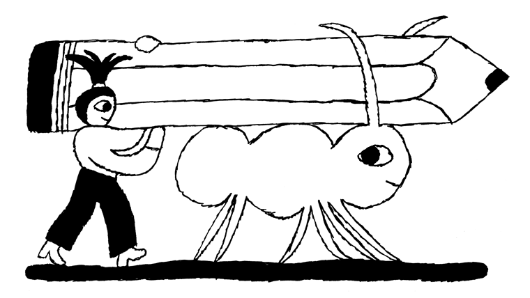 A hand-drawn illustration of a person and an enormous ant carrying a pencil together