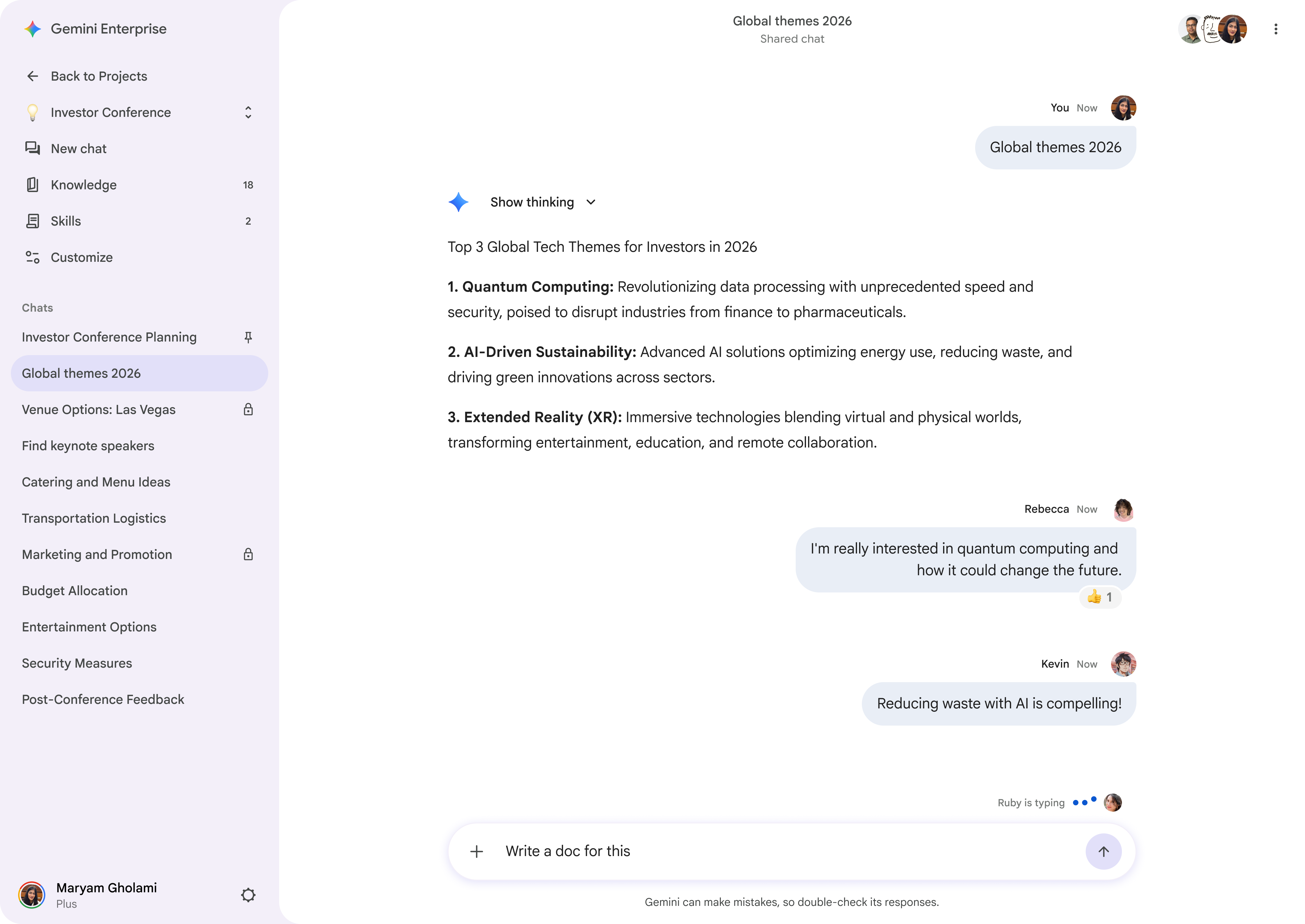 Teammates respond to a shared chat about global tech themes