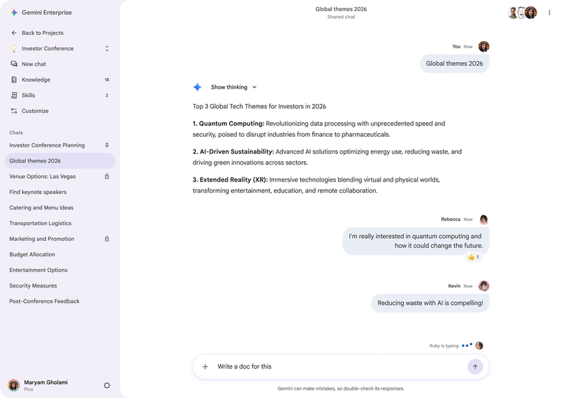 Teammates respond to a shared chat about global tech themes