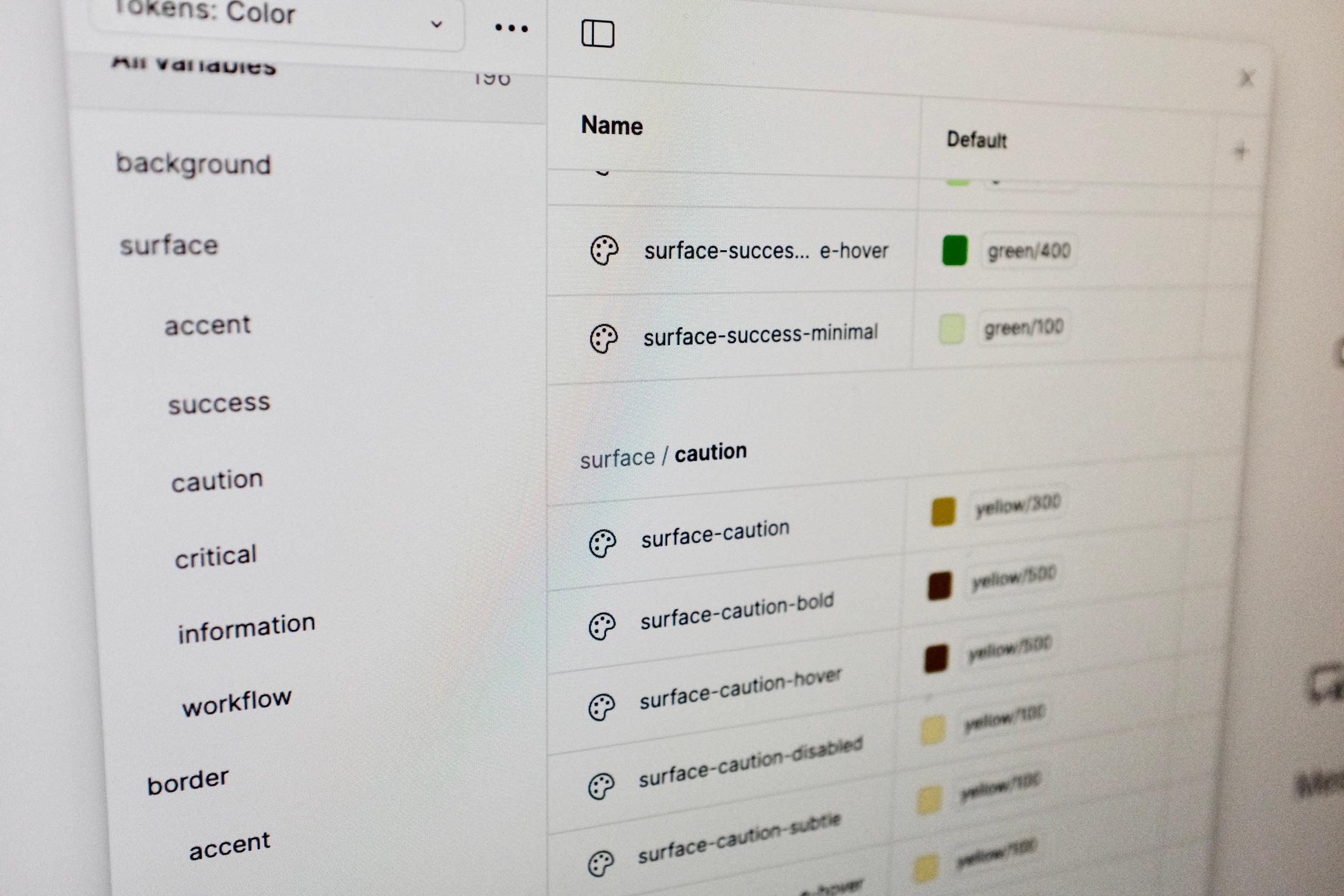 figma interface with variable names and default colors