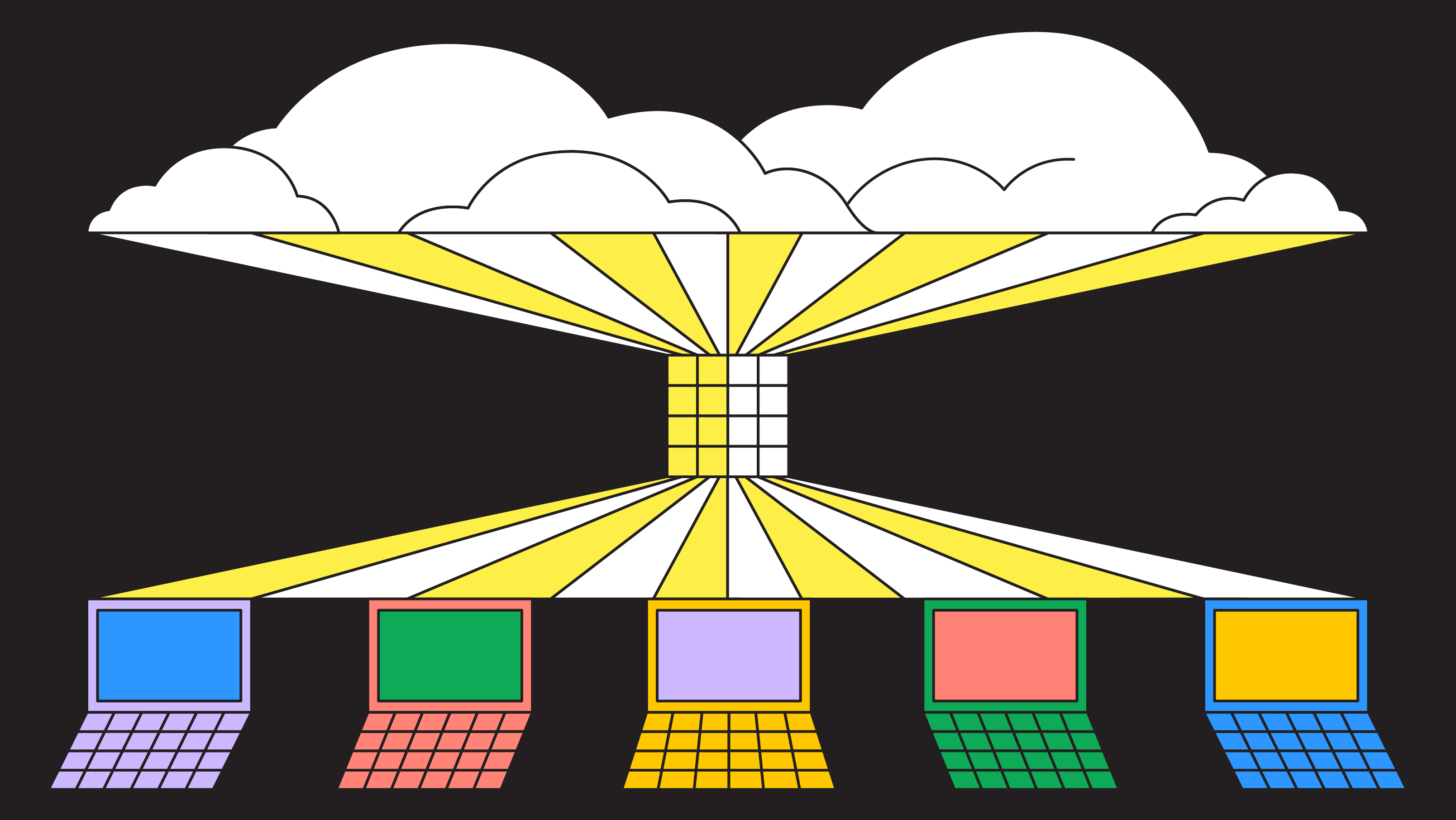 A cloud at the top and a row of computers at the bottom, both connected by unifying system in the middle.