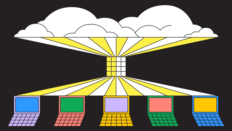 A cloud at the top and a row of computers at the bottom, both connected by unifying system in the middle.