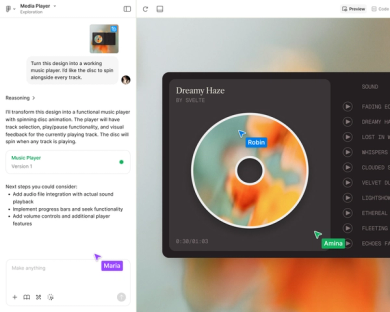 panel promptów figma make do tworzenia odtwarzacza muzyki z kursorami unoszącymi się i nowymi promptami do udoskonalania