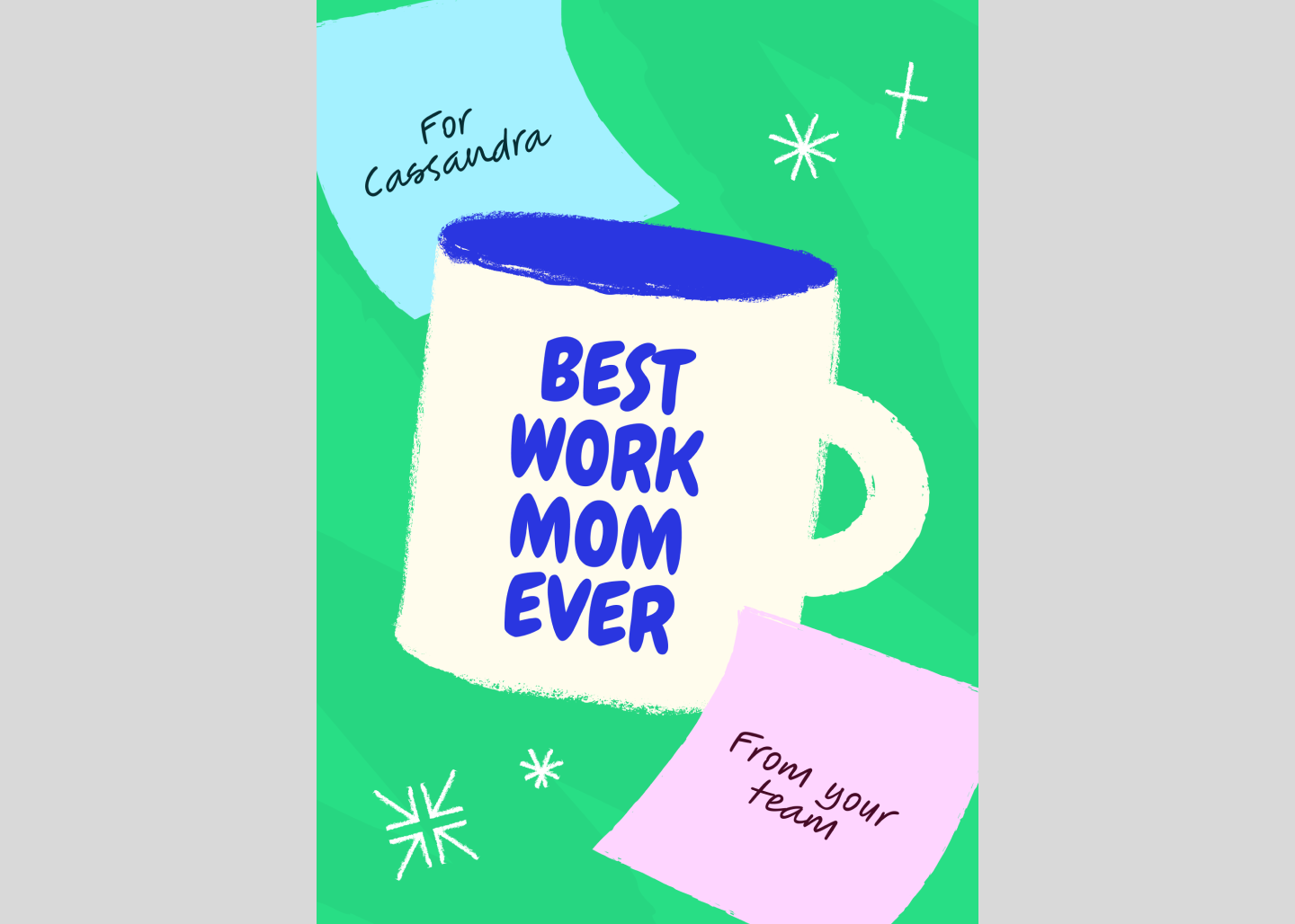 Screenshot of a playful work mom thank you card template.