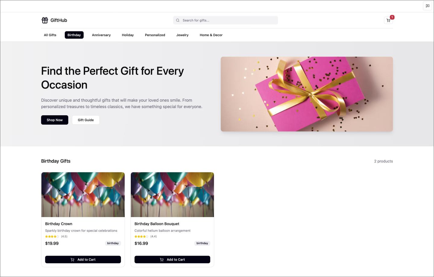 Screenshot of a gift shop landing page, made with Figma Make.