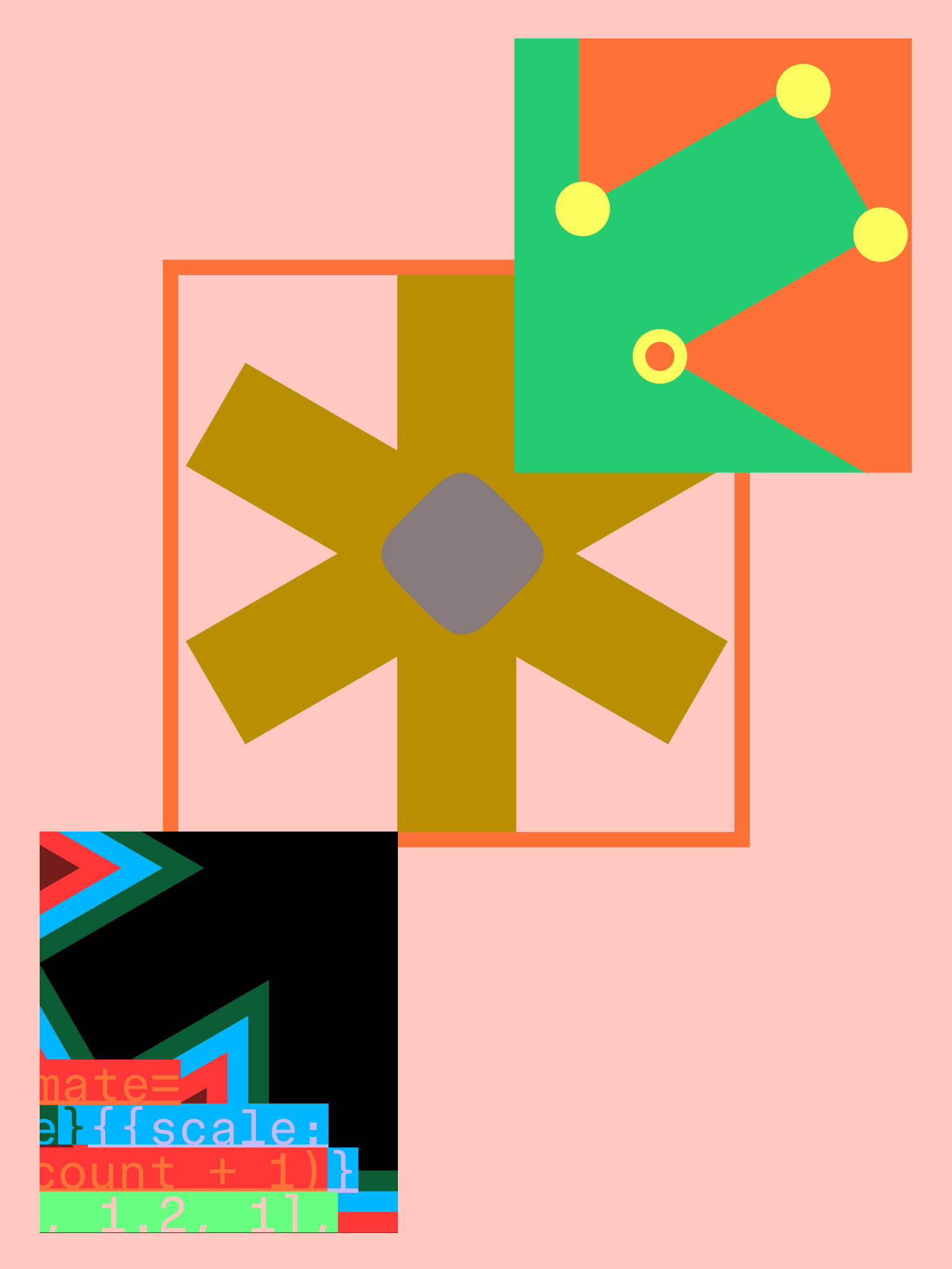 Abstract geometric illustration of a code-like graphic and a canvas graphic overlaying an asterisk shape on a peach background.