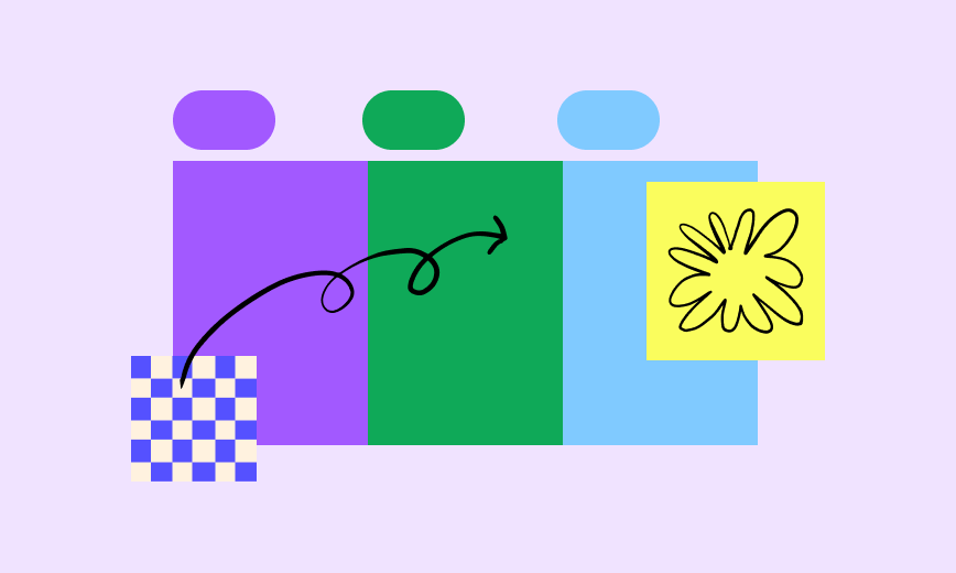 A series of purple, green, and blue columns on a light purple background