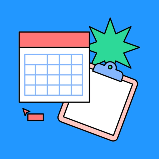 calendar graphic overlayed on a clipboard