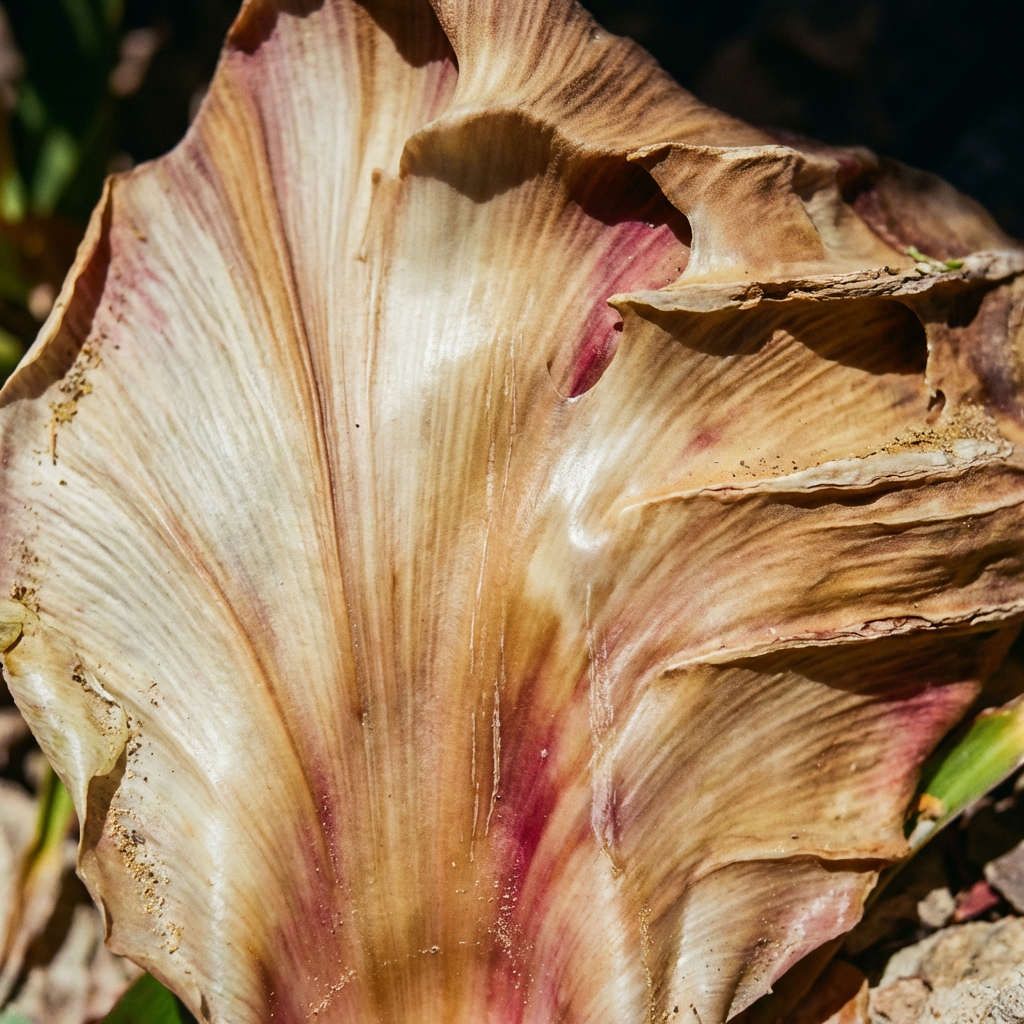 An AI-generated image of a dried flower petal with the texture and layering of sedimentary rock, in warm tan and dusty rose tones.