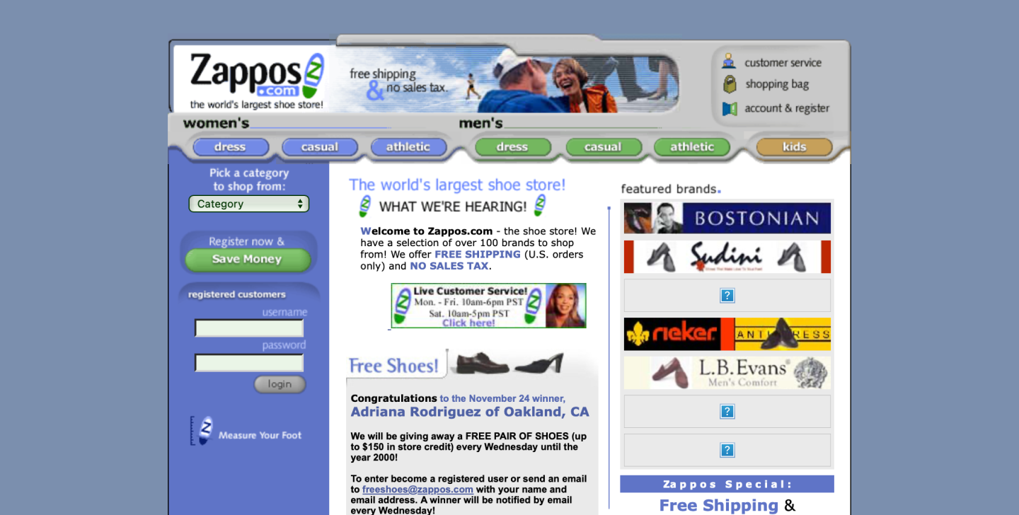 Screenshot of the Zappos website in 1999.