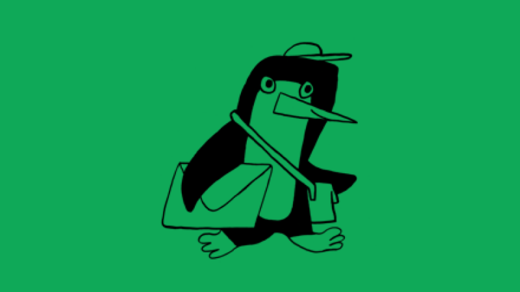 An illustration of a penguin wearing a cap and crossbody bag with a large envelop under its arm