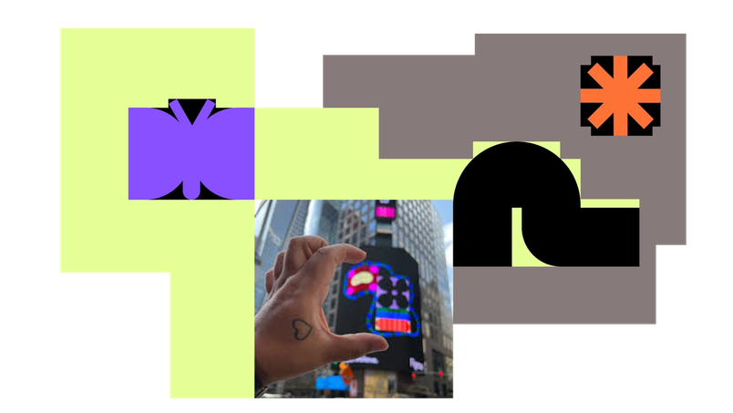 A collage of abstract, colorful shapes with an inset photo at the bottom center showing a hand holding up two fingers in front of a digital billboard in a cityscape. The billboard displays a vibrant, abstract design similar to the surrounding artwork.