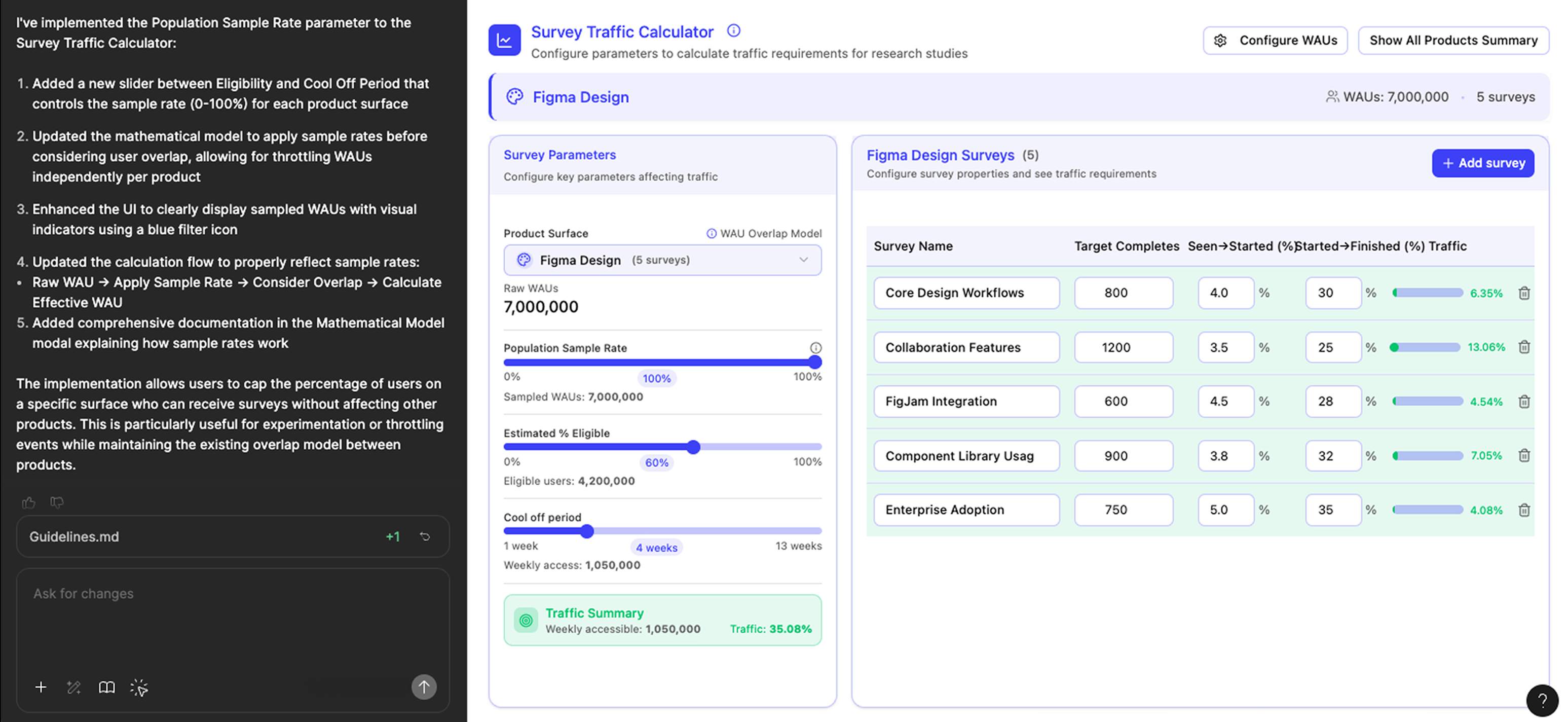  Figma Make prototype showing Survey Traffic Calculator with population sample rate, UI sliders, and survey metrics.
