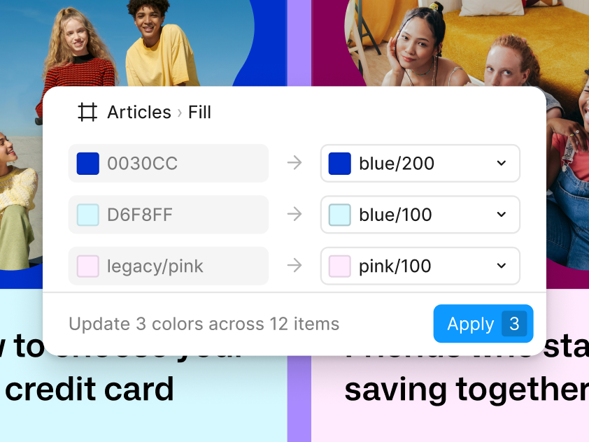 Figma design consistency check showing color mapping for an Articles component, with three outdated color values being remapped to design system tokens, and an Apply button to update 3 colors across 12 items