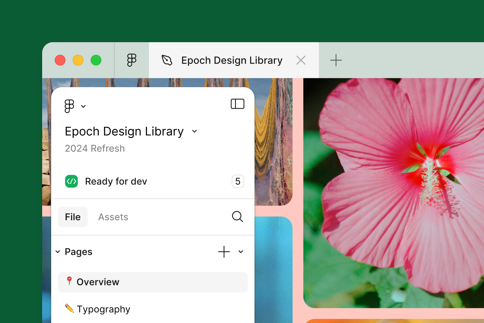 The Figma UI showing a dropdown menu that says "Epoch Design Library" in the Figma canvas.