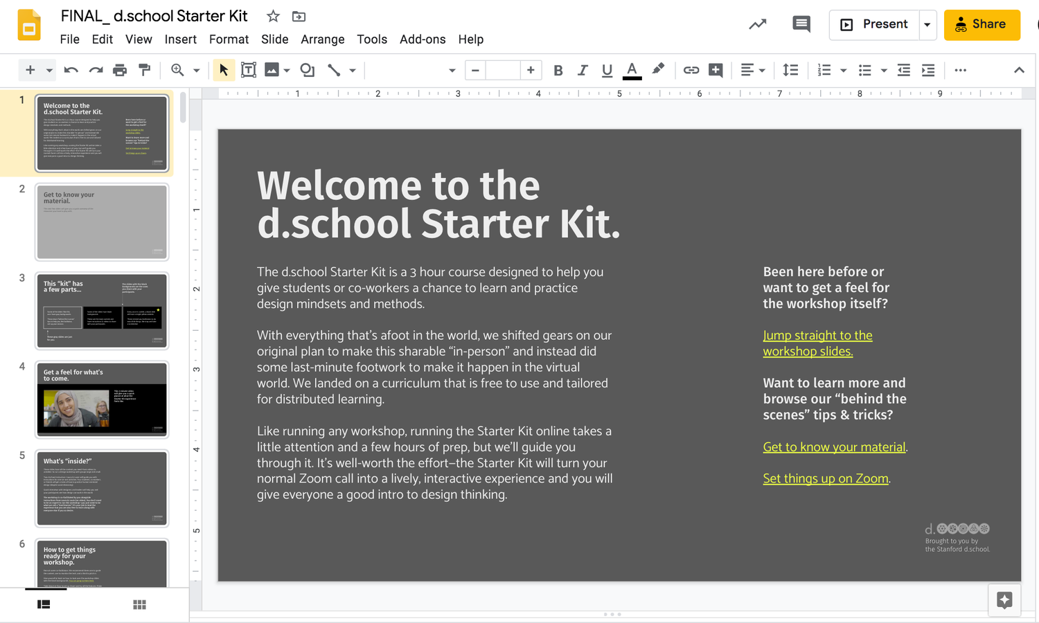 Screenshot of a Google Slides presentation: "Welcome to the d.school Starter Kit"