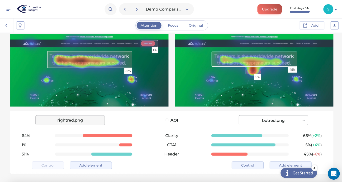 Screenshot of a user comparing the heatmaps of two UX layouts using Attention Insight.