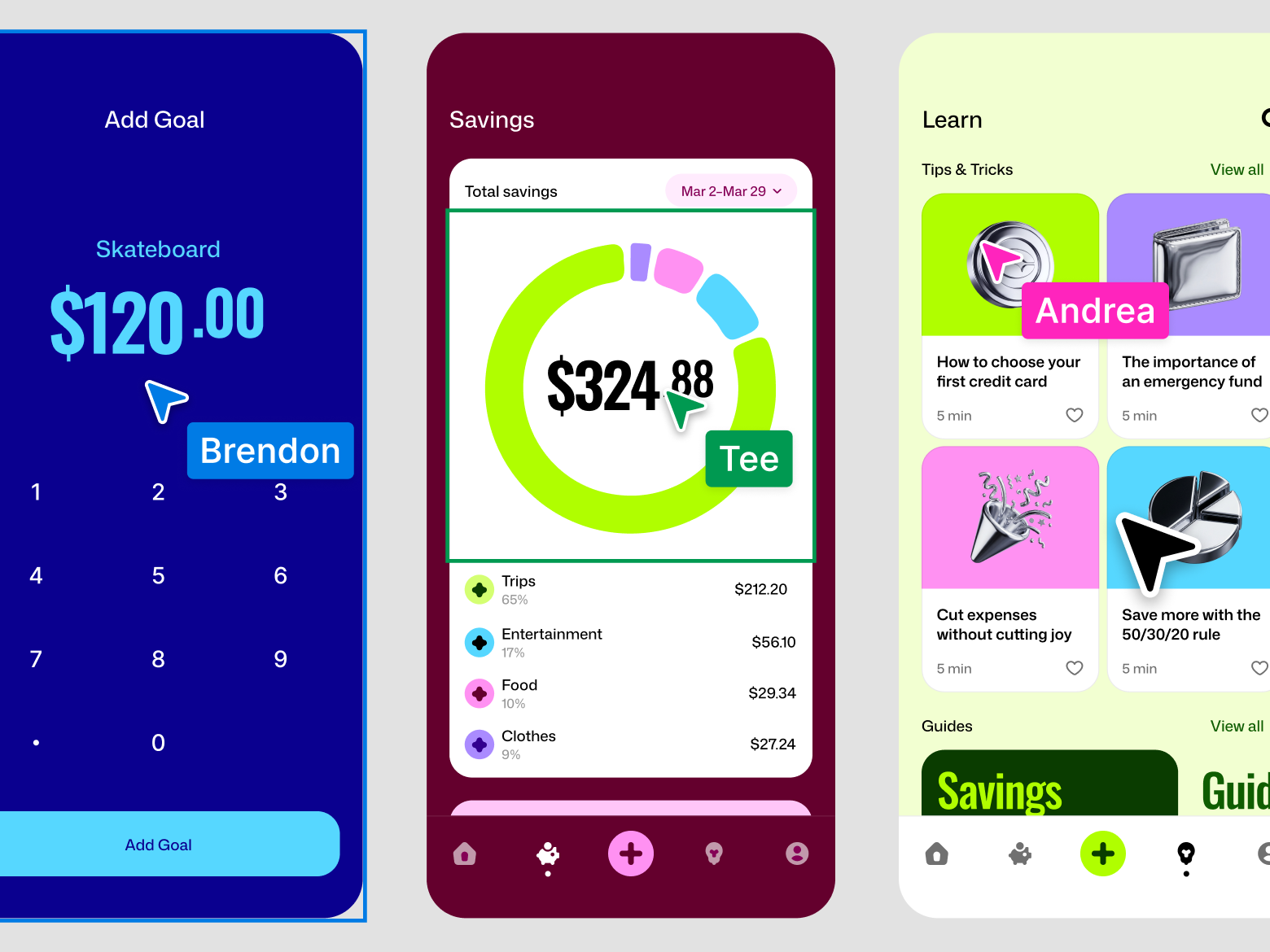Figma wireframe showing three mobile app screens for a financial management tool &mdash; Add Goal, Savings, and Learn &mdash; with multiple user cursors visible on the canvas, indicating real-time collaboration