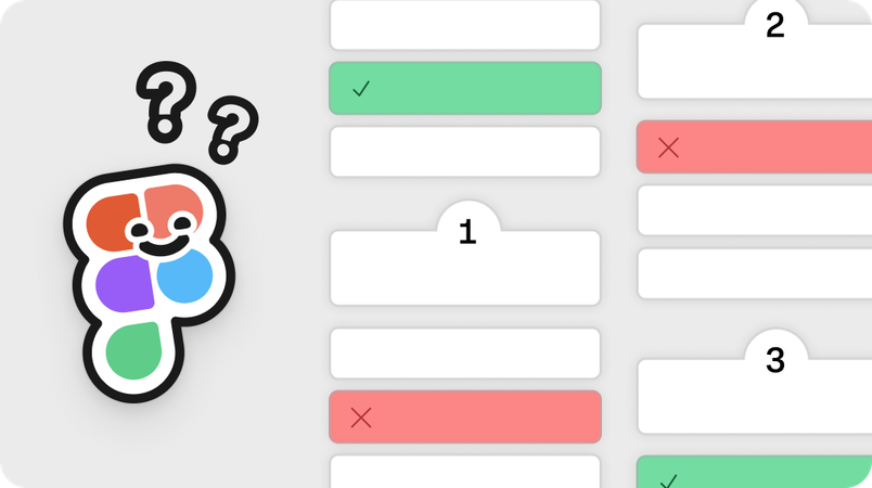Figma mascot with question marks beside quiz-style UI showing numbered options with green checks and red X indicators.