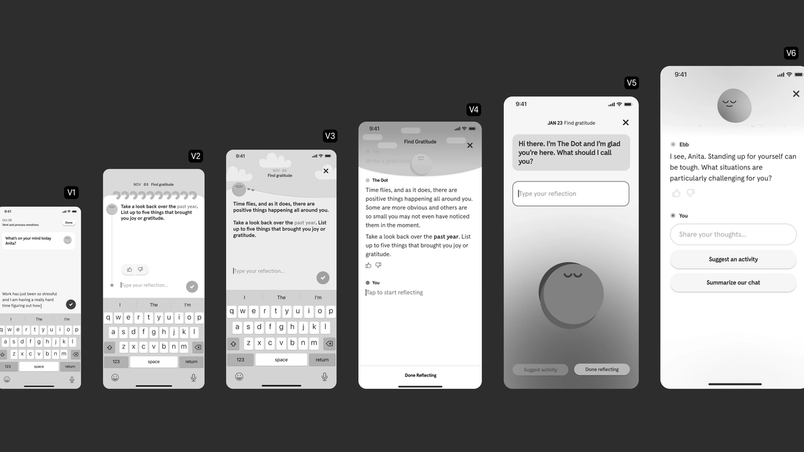 Gray screens show 6 different iterations on a chat screen with Ebb