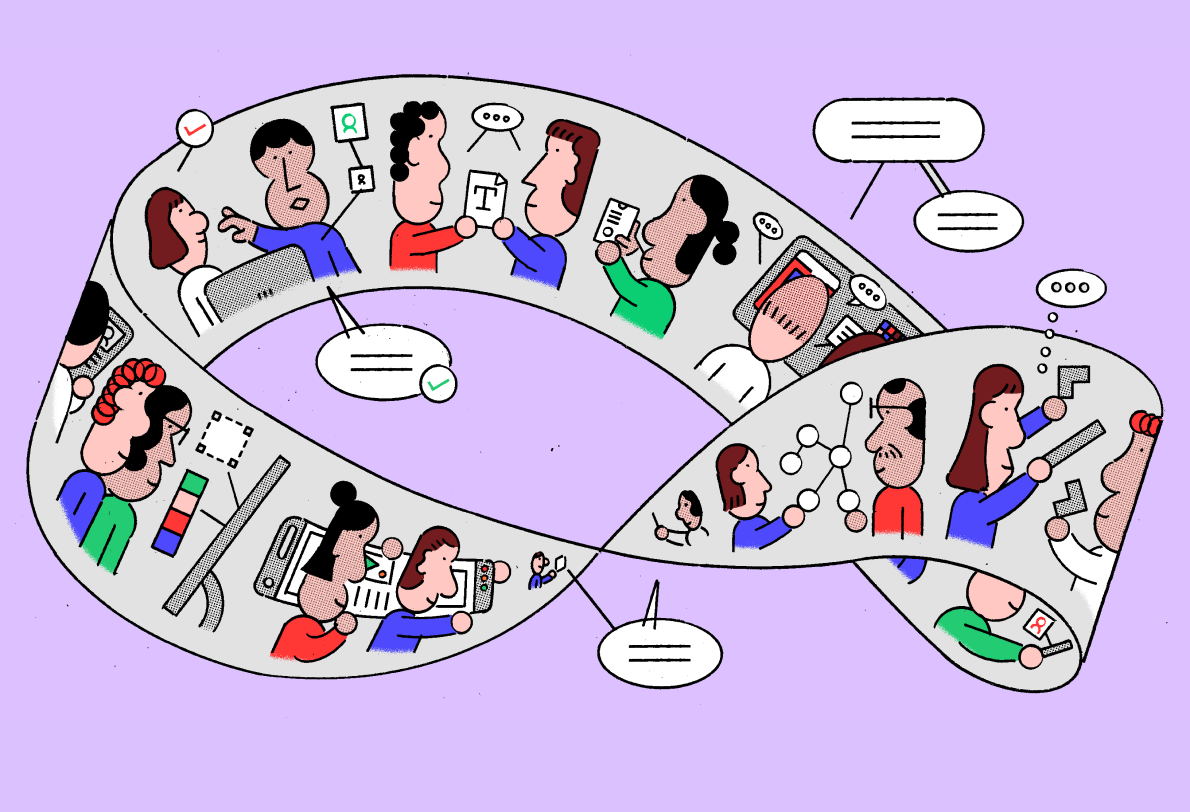 Illustration of people working together along a twisting, infinity-loop-shaped ribbon. The characters are shown in pairs or groups collaborating on various design and development tasks, including reviewing text, color palettes, layouts, charts, and code. Speech bubbles and thought bubbles emphasize communication. The background is light purple.