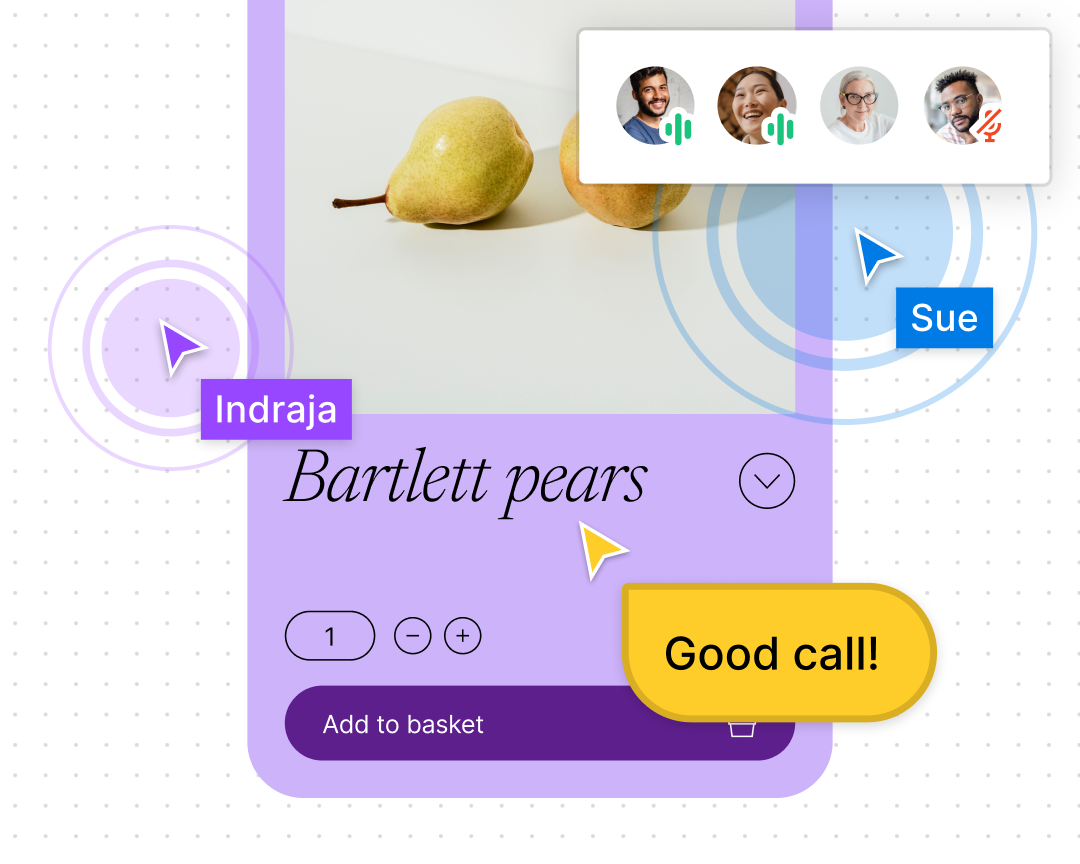 Teammates meeting in audio chat while viewing a mobile product page with “Good call!” shared in cursor chat.