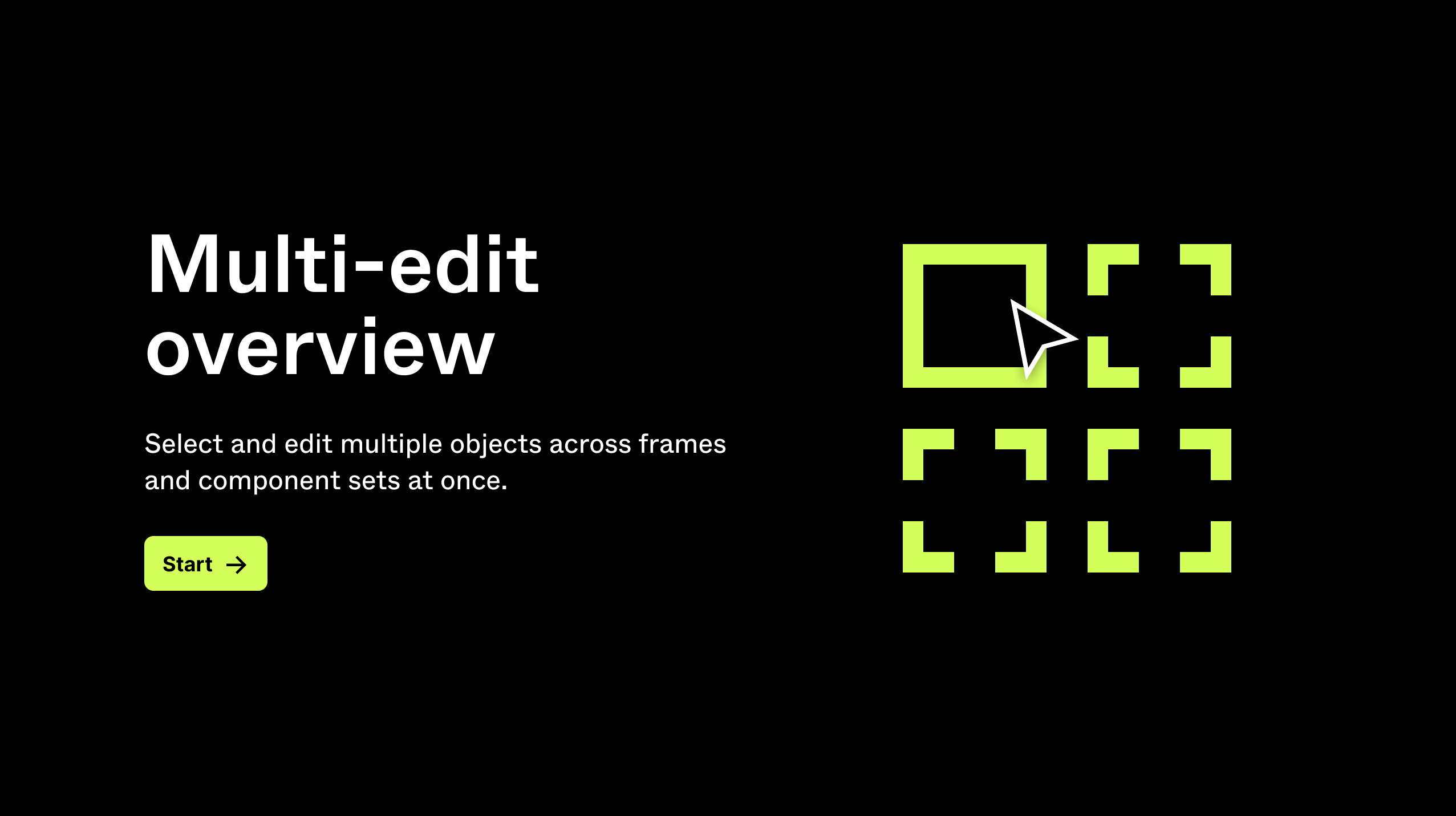 A black background with white text reads "Multi-edit overview" and "Select and edit multiple objects across frames and component sets at once." Underneath, a green "Start" button. T the right, a graphic depicts a cursor selecting one of several green outlined squares.