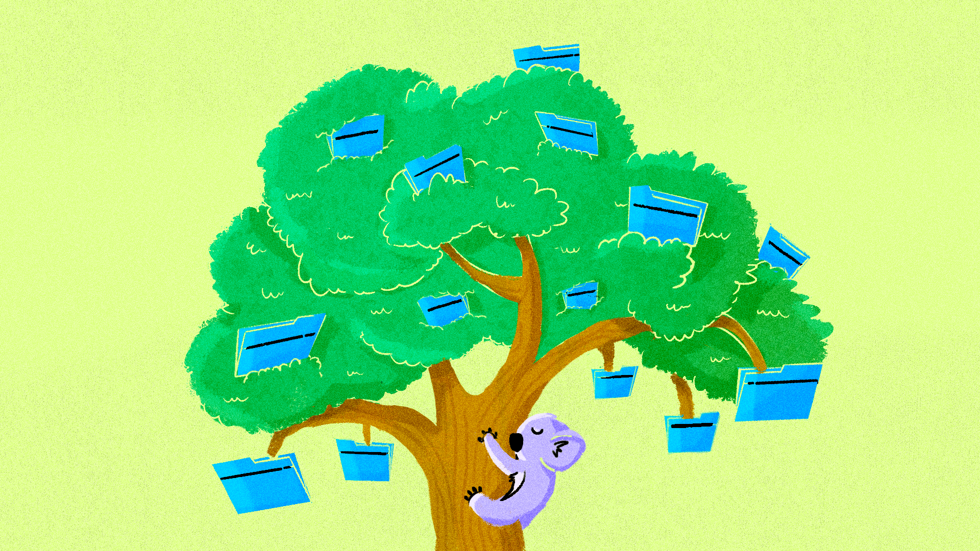 A whimsical illustration of a green tree with thick branches and leaves, featuring bright blue file folders growing among the branches like fruit. A cute, cartoon-style purple koala is climbing the trunk, reaching for the folders. The background is a light, textured yellow-green.