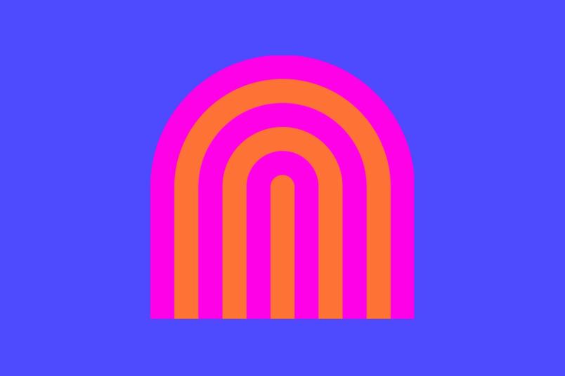 A simple, arched rainbow design with alternating thick stripes of pink and orange. The rainbow is centered on a solid purple background, with a bold and minimalistic color contrast between the shapes and the background.