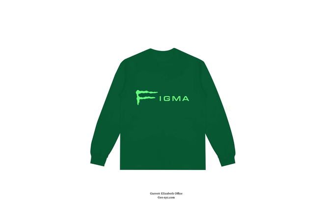 Dark green Figma long sleeve with minimalist neon-green text logo across chest, designed with a stylized “F” resembling claw marks.
