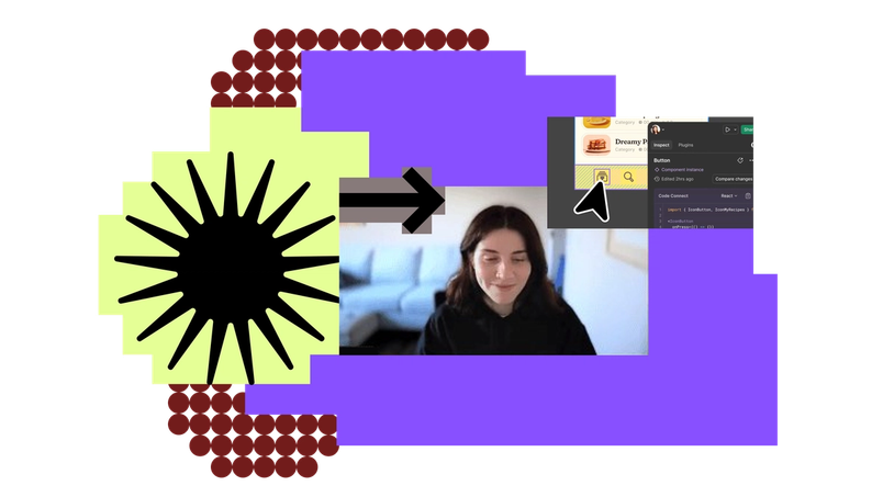 A composition with a large yellow starburst pattern on the left, surrounded by a purple block and red dots. To the right, a smaller inset image shows a person on a video call interface smiling, with a black arrow pointing from the starburst to the person.