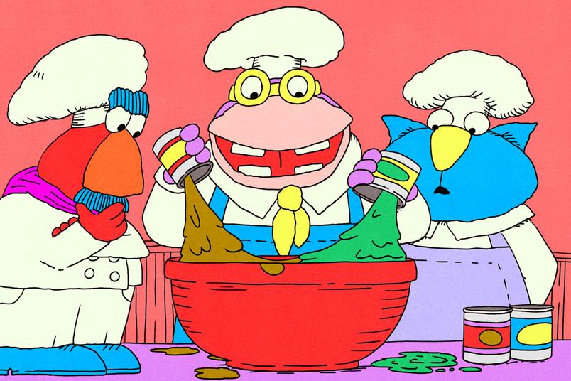 Three cartoon chefs mix different colored ingredients into a large red bowl, looking uncertain.