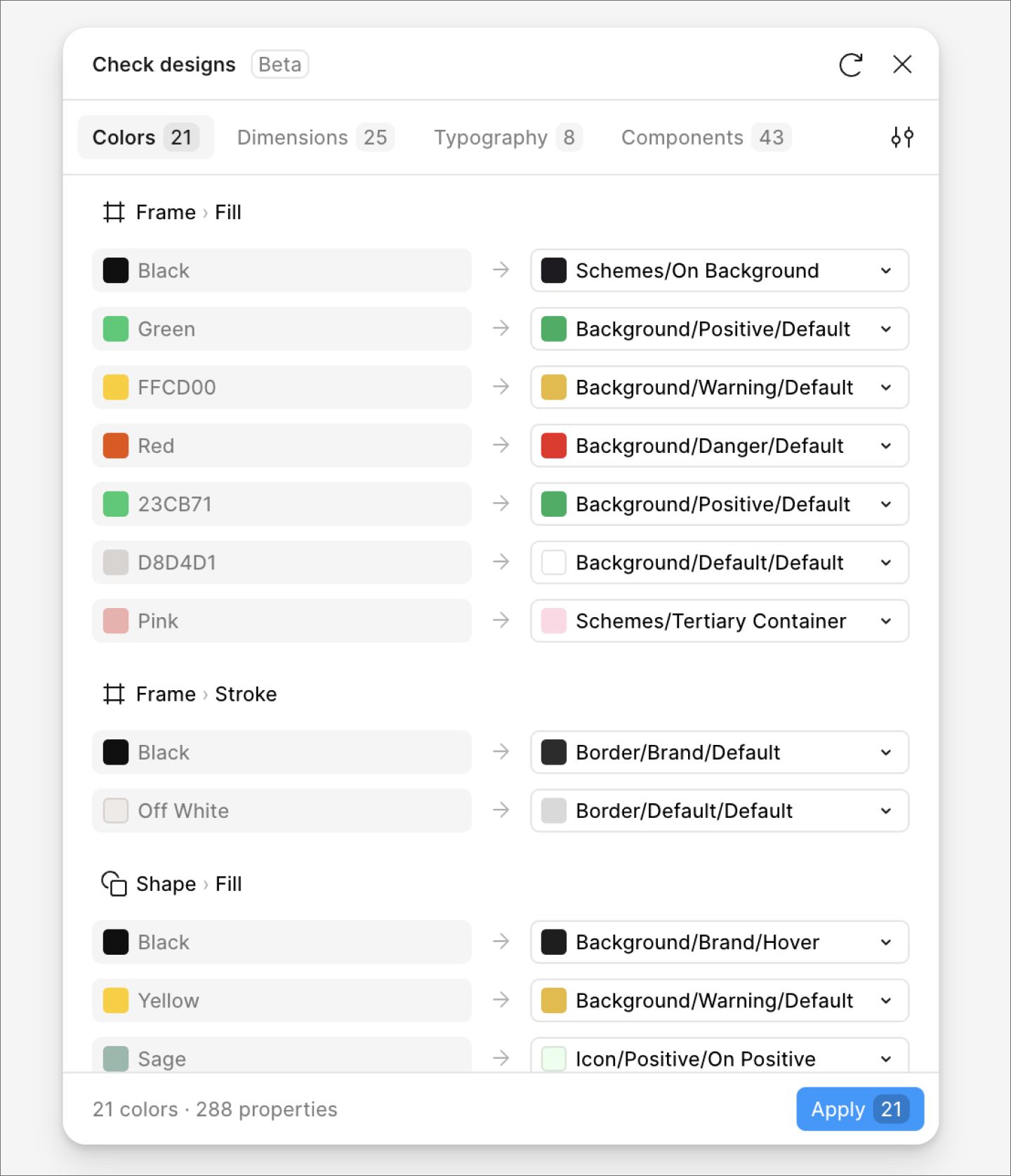 The Figma Check designs modal showing hard-coded color values flagged in the left column with suggested variable replacements on the right.