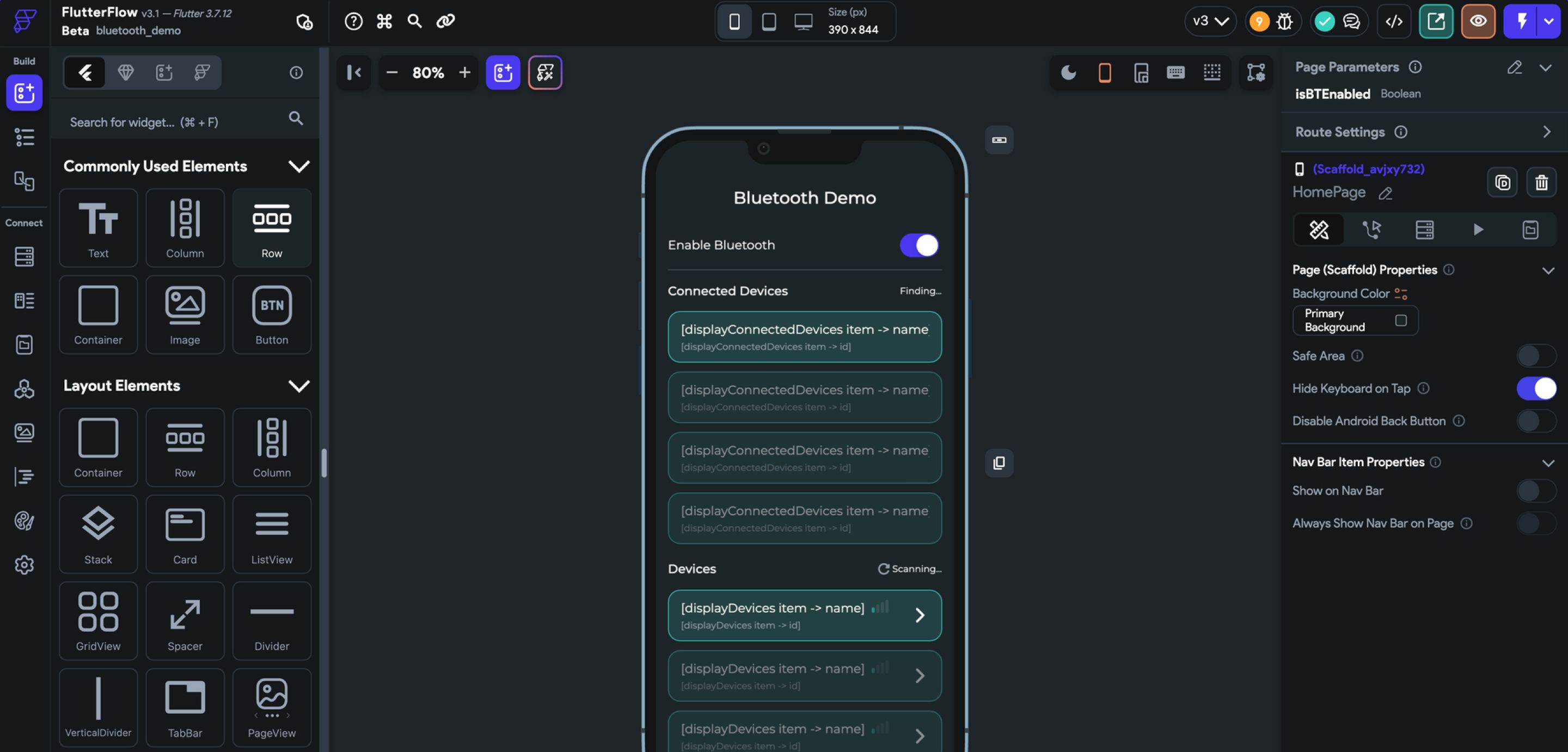 A screenshot of FlutterFlow building a mobile app.
