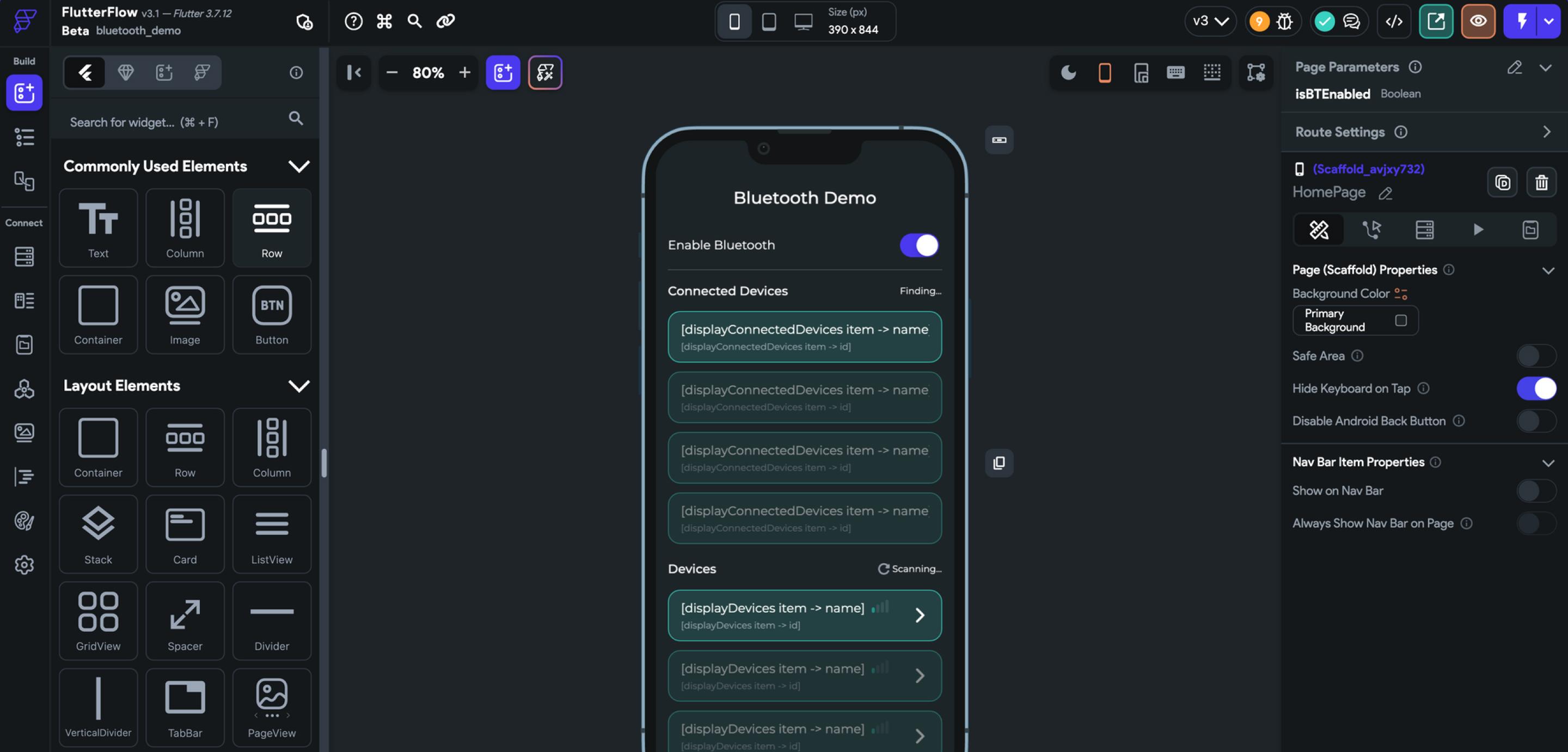 A screenshot of FlutterFlow building a mobile app.