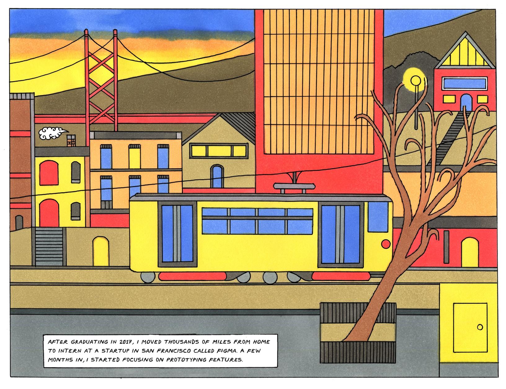 A bright yellow San Francisco streetcar passes colorful buildings at sunset as the narrator reflects on moving to intern at Figma.