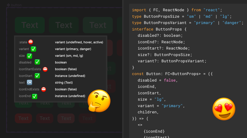 A screenshot of the Component Inspector plugin showing props on the lefthand side and code on the righthand side.