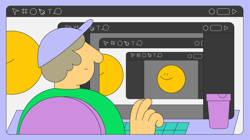 person in baseball cap on a cascading series of computer screens with a yellow circle smiling back at them