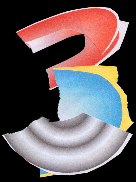 Collage of the number three feature red, blue, and gray scraps