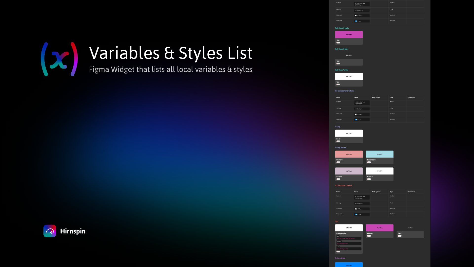 A dark gradient background with the title ’(x) Variables & Styles List’ in white text. Below it, a subtitle reads ’Figma Widget that lists all local variables & styles.’ On the right side, there is a vertical panel displaying a list of different UI elements, including color styles, tokens, and typography. A small ’Hirnspin’ logo appears in the bottom-left corner.