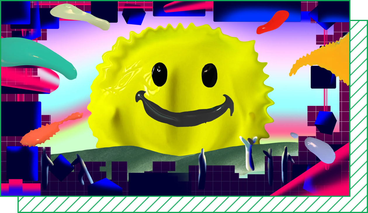 An illustration shows a yellow paint blob with a smiley face framed by other splashes of color and cubic shapes.
