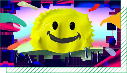 An illustration shows a yellow paint blob with a smiley face framed by other splashes of color and cubic shapes.