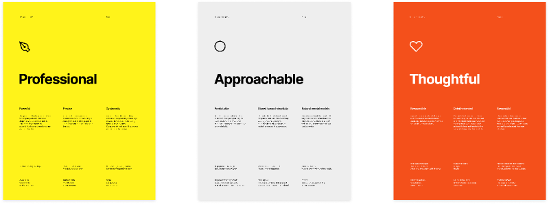 Three cards read Professional, Approachable, Thoughtful with icons and smaller text.